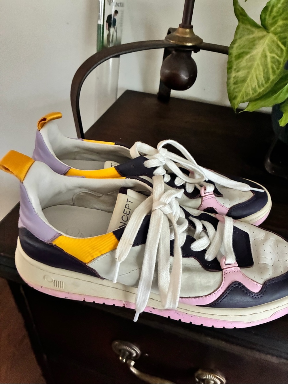 Oncept White Leather Sneakers with Pink, Purple & Yellow Accents - Picture 3 of 6